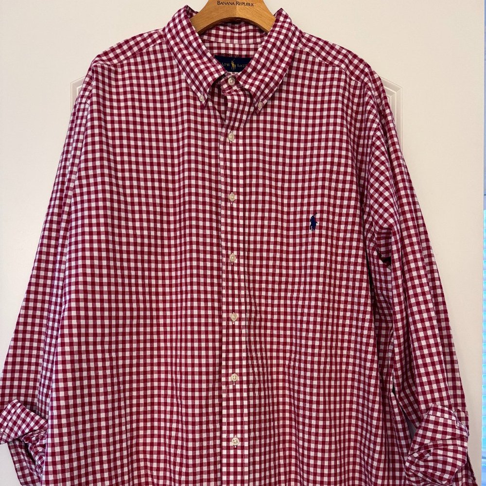 Mens Polo Red White Check Plaid button shirt, 2XB